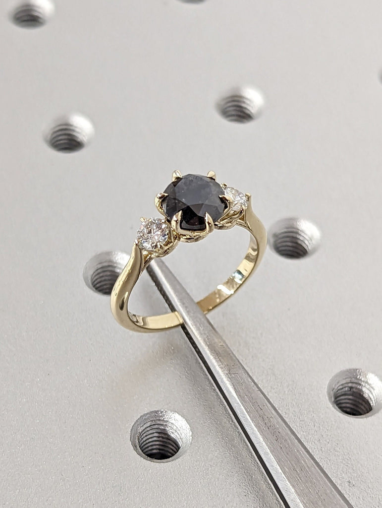 2 Carat 1920's Raw Salt and Pepper Diamond, Round Diamond Ring, Unique Engagement Bridal, Black, Gray Pear, 14k Yellow Rose White Black Gold