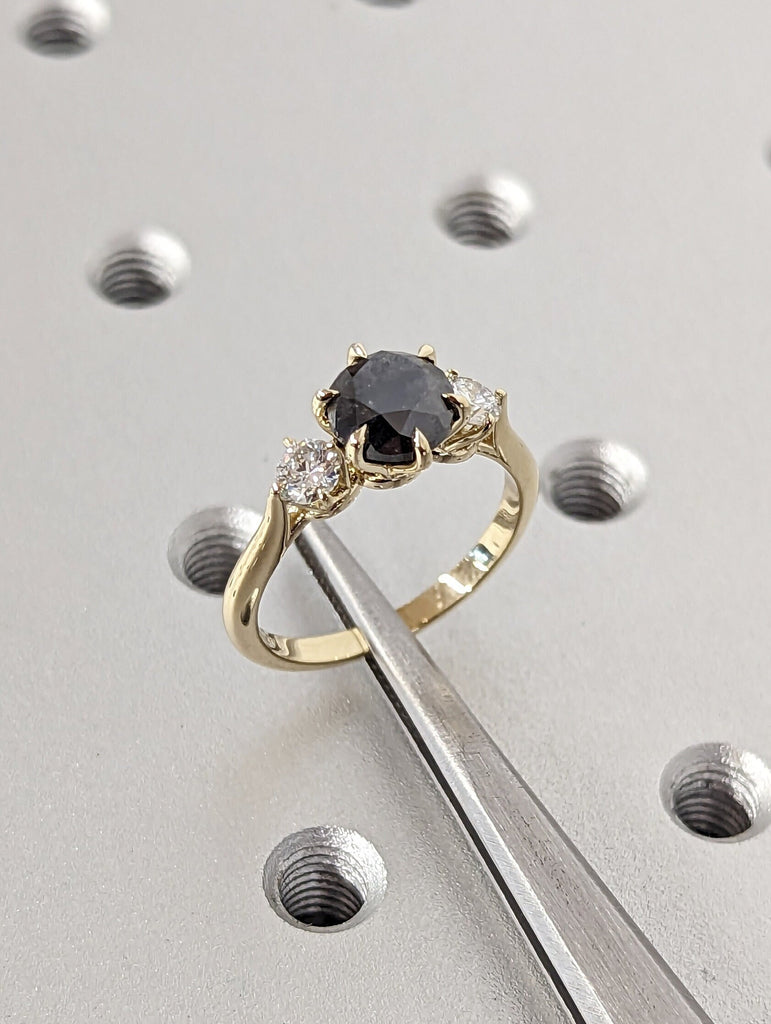 2 Carat 1920's Raw Salt and Pepper Diamond, Round Diamond Ring, Unique Engagement Bridal, Black, Gray Pear, 14k Yellow Rose White Black Gold