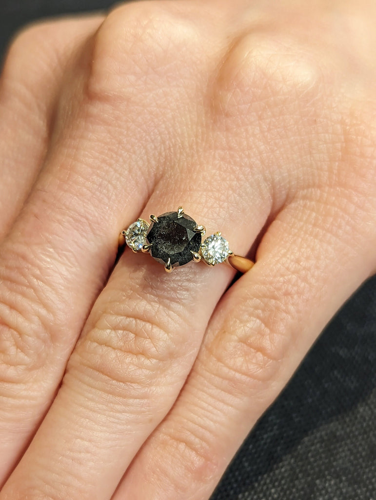 2 Carat 1920's Raw Salt and Pepper Diamond, Round Diamond Ring, Unique Engagement Bridal, Black, Gray Pear, 14k Yellow Rose White Black Gold