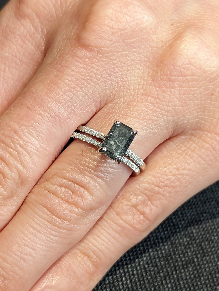 1.5 Carat 1920's Raw Salt and Pepper Diamond, Emerald Diamond Ring, Unique Engagement Ring, hidden halo ring