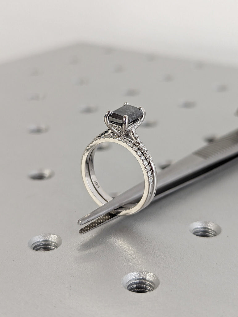 1.5 Carat 1920's Raw Salt and Pepper Diamond, Emerald Diamond Ring, Unique Engagement Ring, hidden halo ring