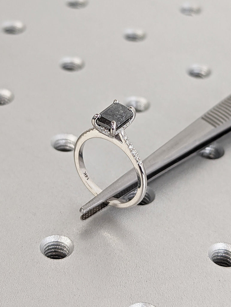 1.5 Carat 1920's Raw Salt and Pepper Diamond, Emerald Diamond Ring, Unique Engagement Ring, hidden halo ring