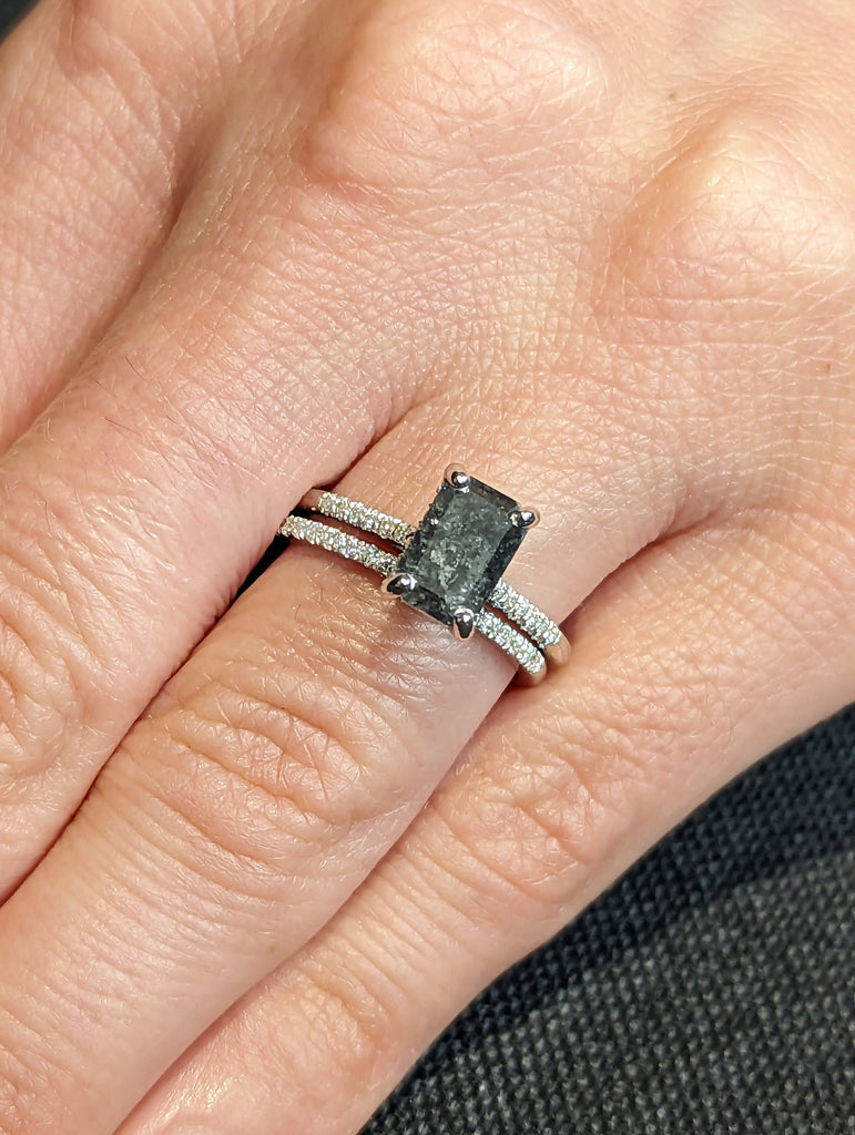 1.5 Carat 1920's Raw Salt and Pepper Diamond, Emerald Diamond Ring, Unique Engagement Ring, hidden halo ring