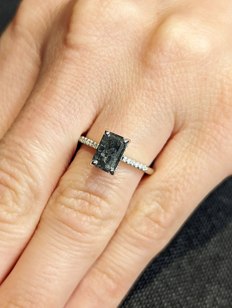 1.5 Carat 1920's Raw Salt and Pepper Diamond, Emerald Diamond Ring, Unique Engagement Ring, hidden halo ring