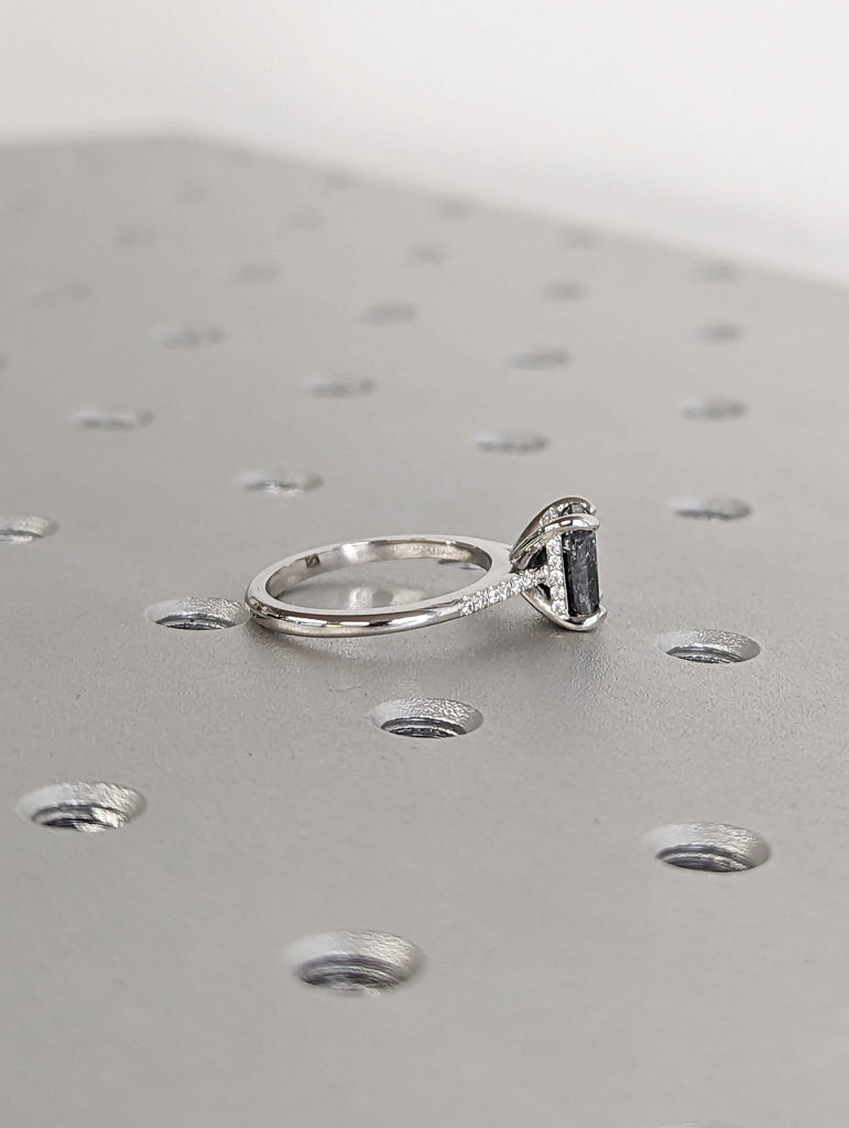 1.5 Carat 1920's Raw Salt and Pepper Diamond, Emerald Diamond Ring, Unique Engagement Ring, hidden halo ring