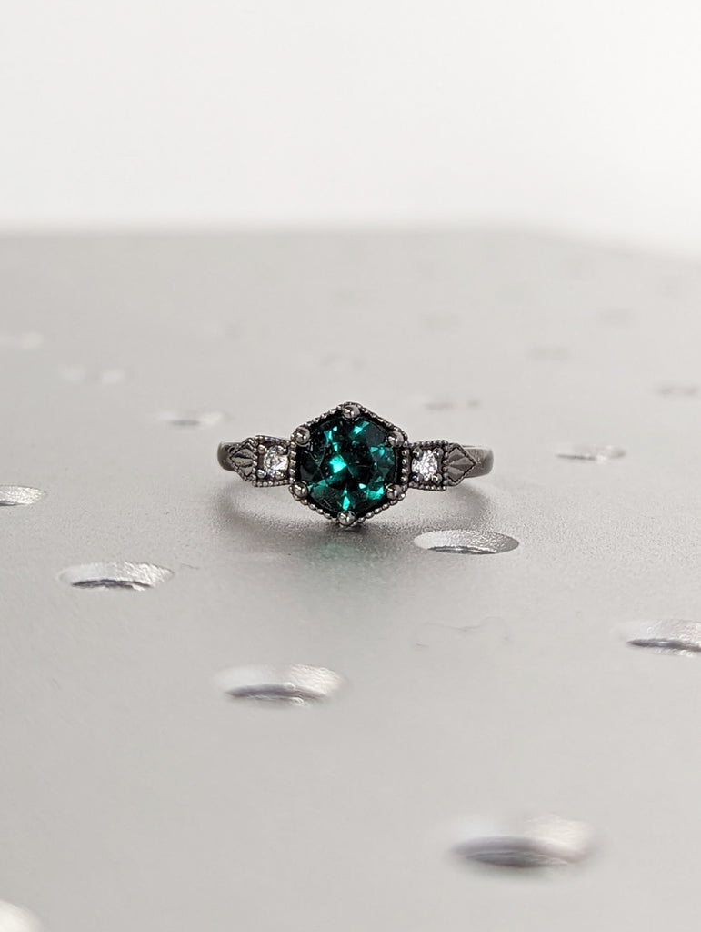 Emerald ring vintage emerald engagement ring 14k black gold ring gift unique antique wedding promise anniversary ring for her