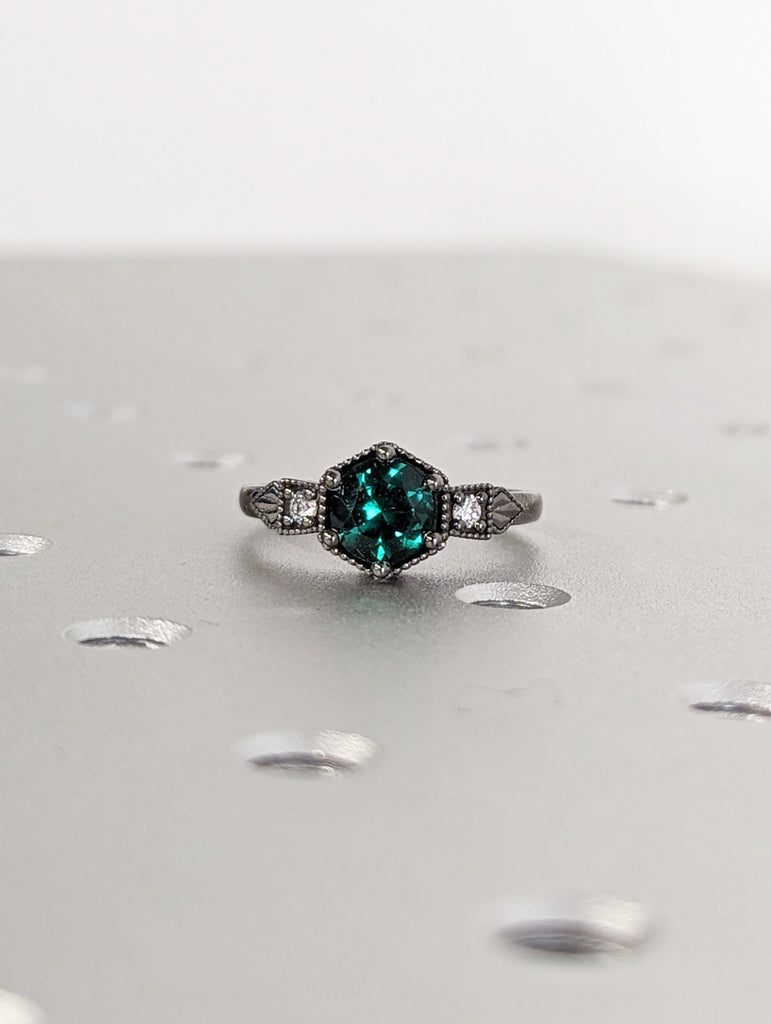 Emerald ring vintage emerald engagement ring 14k black gold ring gift unique antique wedding promise anniversary ring for her