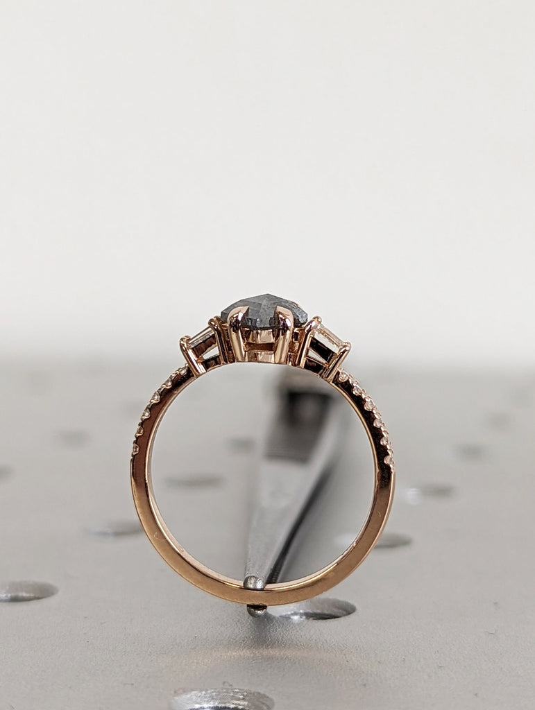 Raw Diamond Kite Baguette Diamond, Salt and Pepper, Unique Engagement Ring, Rose Cut Geometric Diamond Ring, 18k Rose Gold, Custom Handmade