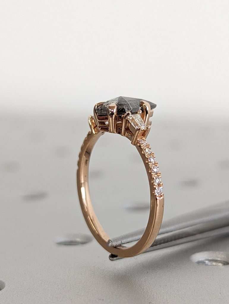 Raw Diamond Kite Baguette Diamond, Salt and Pepper, Unique Engagement Ring, Rose Cut Geometric Diamond Ring, 18k Rose Gold, Custom Handmade