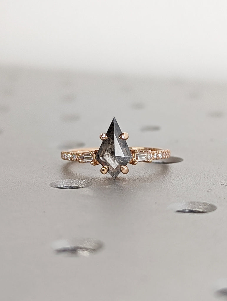 Raw Diamond Kite Baguette Diamond, Salt and Pepper, Unique Engagement Ring, Rose Cut Geometric Diamond Ring, 18k Rose Gold, Custom Handmade