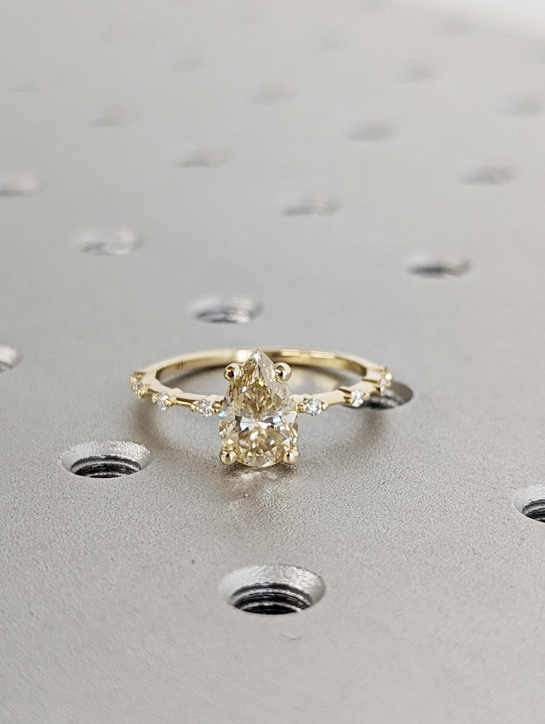 Pear Cut Fancy Color Yellow Moissanite Engagement Ring, Distance Pave Ring, Side Stone Round Cut, Anniversary Gift Ring, Ring For Her