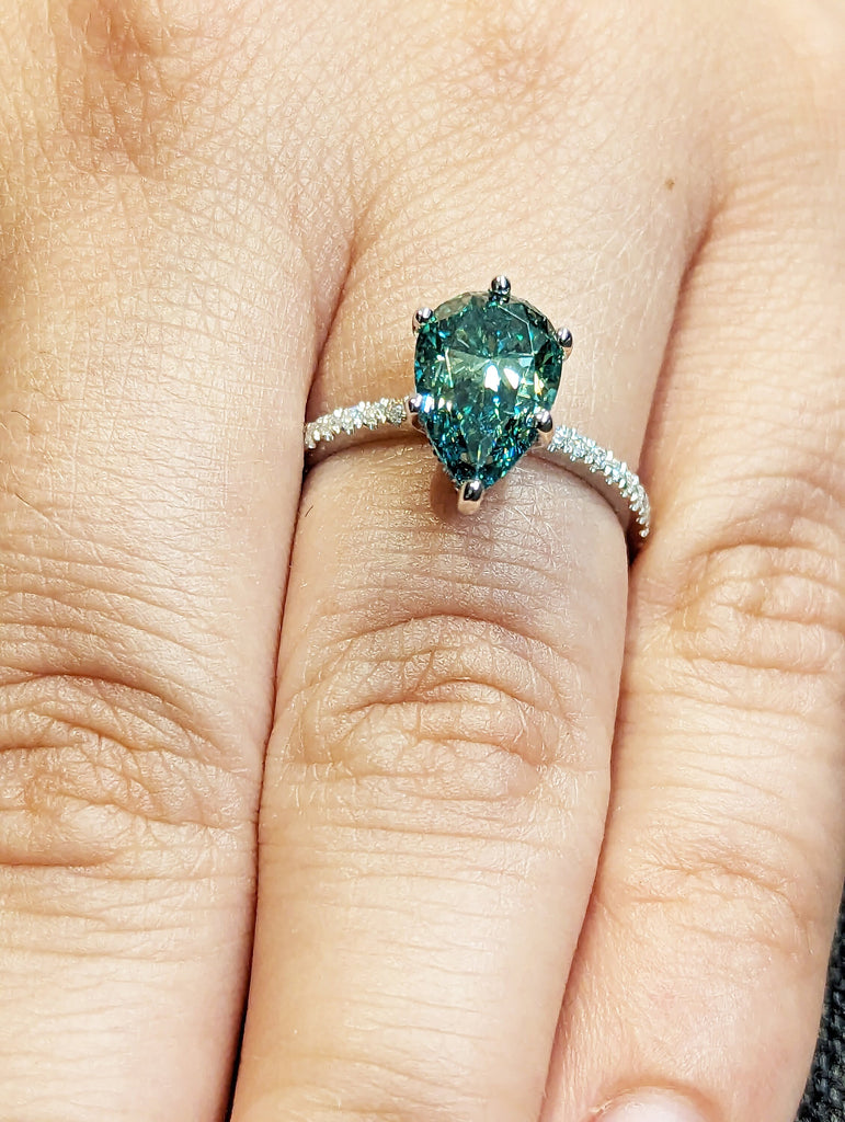 Colored Moissanite Engagement, Green Moissanite Ring, Vintage blue-green pear engagement ring, Green Color Moissanite hidden halo ring