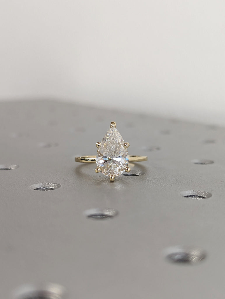 Hidden halo engagement ring, solitaire pear moissanite ring, Hidden Halo Pear Cut Solitaire Engagement Ring in 14K Yellow gold