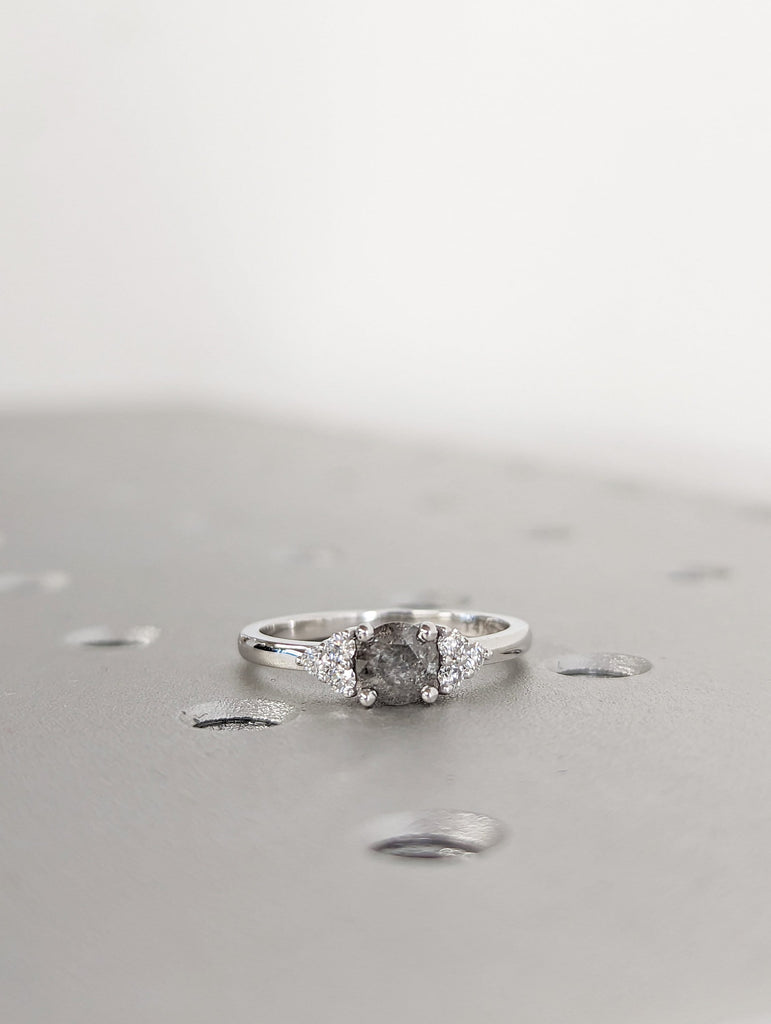 Unique Galaxy Round Cut Salt and Pepper Engagement Ring Set, Seven Stone Ring, Jewelry Gift For Women, Special Design Real Gold Ring For Her