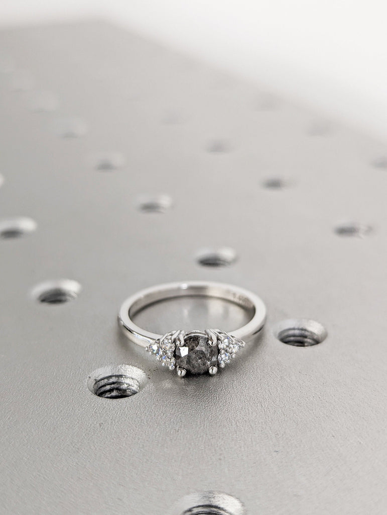Unique Galaxy Round Cut Salt and Pepper Engagement Ring Set, Seven Stone Ring, Jewelry Gift For Women, Special Design Real Gold Ring For Her