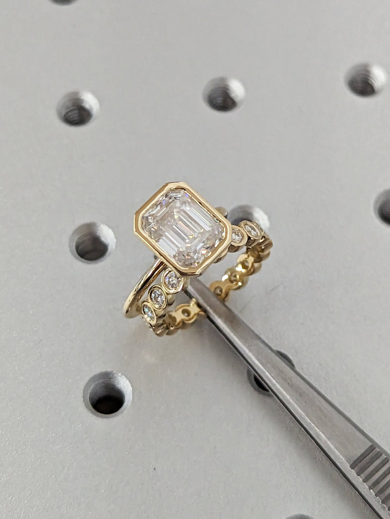 3CT Emerald Cut Moissanite Solitaire Ring, 18K Yellow Gold Engagement Ring, Bezel Setting, Statement Ring, Gift For Her, Bridal Set, Vintage