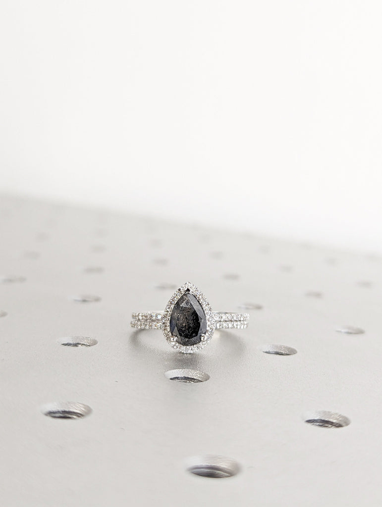 1920's Raw Salt and Pepper Diamond Halo, Pear Diamond Halo Ring, Unique Engagement Bridal Set, Black, Gray Pear, 14k Yellow Rose White Gold