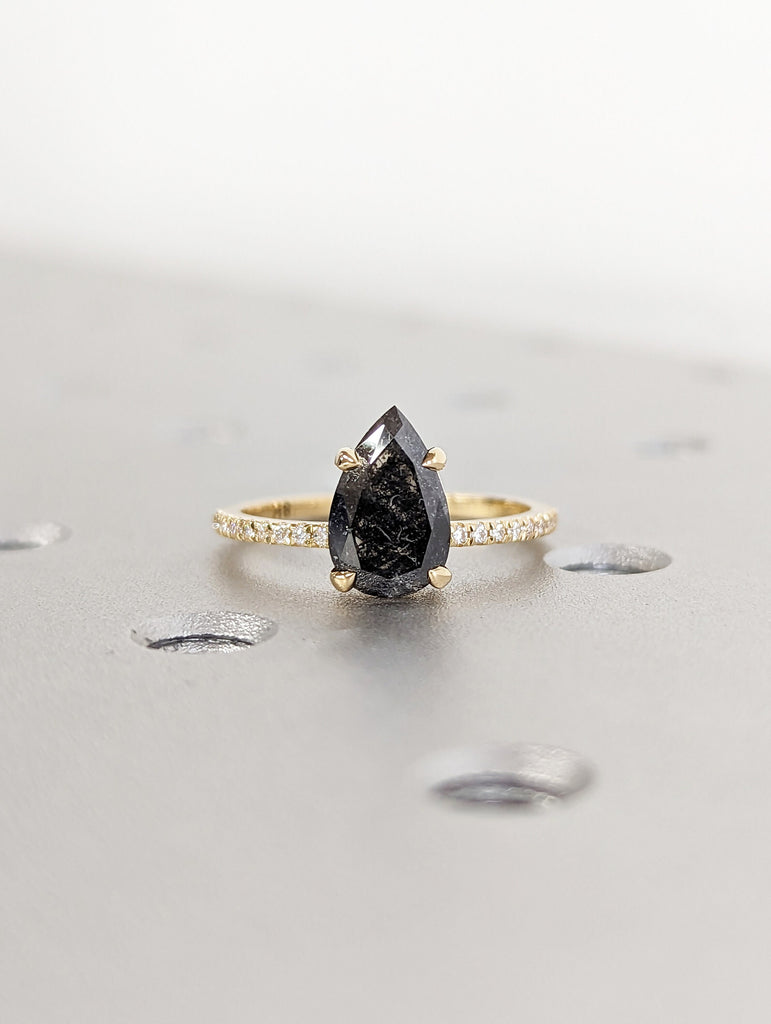 2 Carat 1920's Raw Salt and Pepper Diamond, Pear Diamond Ring, Unique Engagement Bridal Set, Black, Gray Pear, 18k Yellow, Rose, White Gold