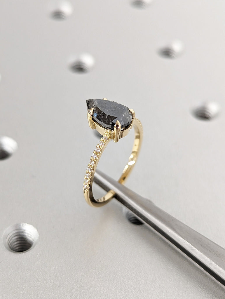 2 Carat 1920's Raw Salt and Pepper Diamond, Pear Diamond Ring, Unique Engagement Bridal Set, Black, Gray Pear, 18k Yellow, Rose, White Gold