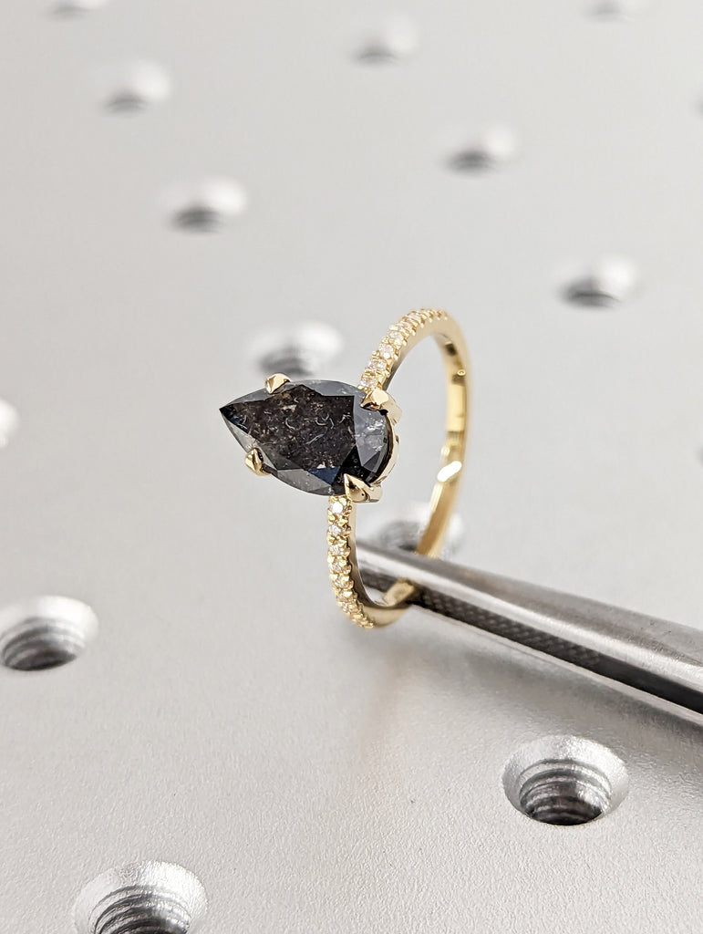2 Carat 1920's Raw Salt and Pepper Diamond, Pear Diamond Ring, Unique Engagement Bridal Set, Black, Gray Pear, 18k Yellow, Rose, White Gold