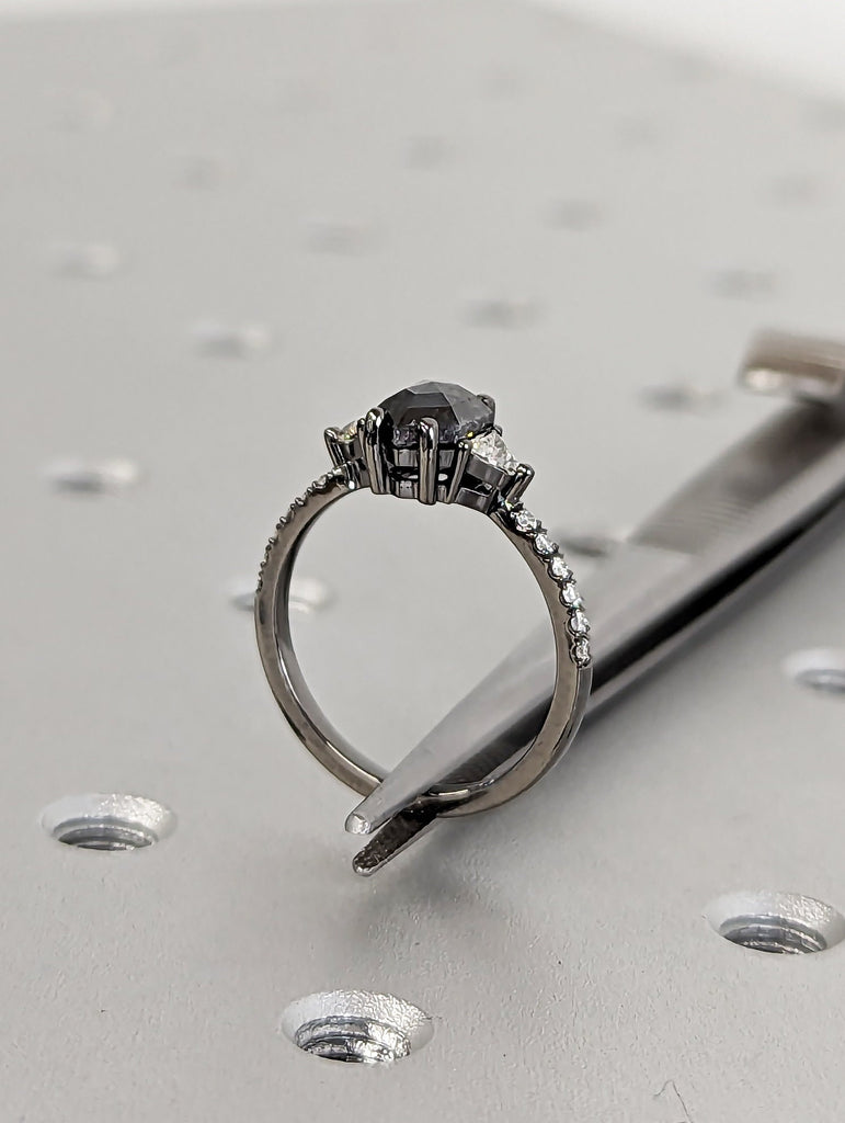 1ct Galaxy Hexagon Triangle Diamond, Raw Salt and Pepper, Unique Handmade Engagement Ring, Rose Cut Geometric Promise Ring, 14k Black Gold