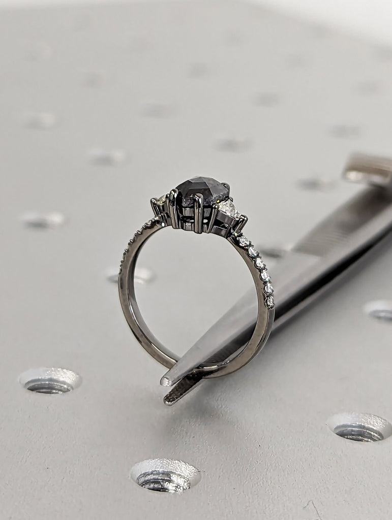 14k Black Gold, 1ct Galaxy Hexagon Triangle Diamond, Raw Salt and Pepper, Unique Handmade Engagement Ring, Rose Cut Geometric Promise Ring