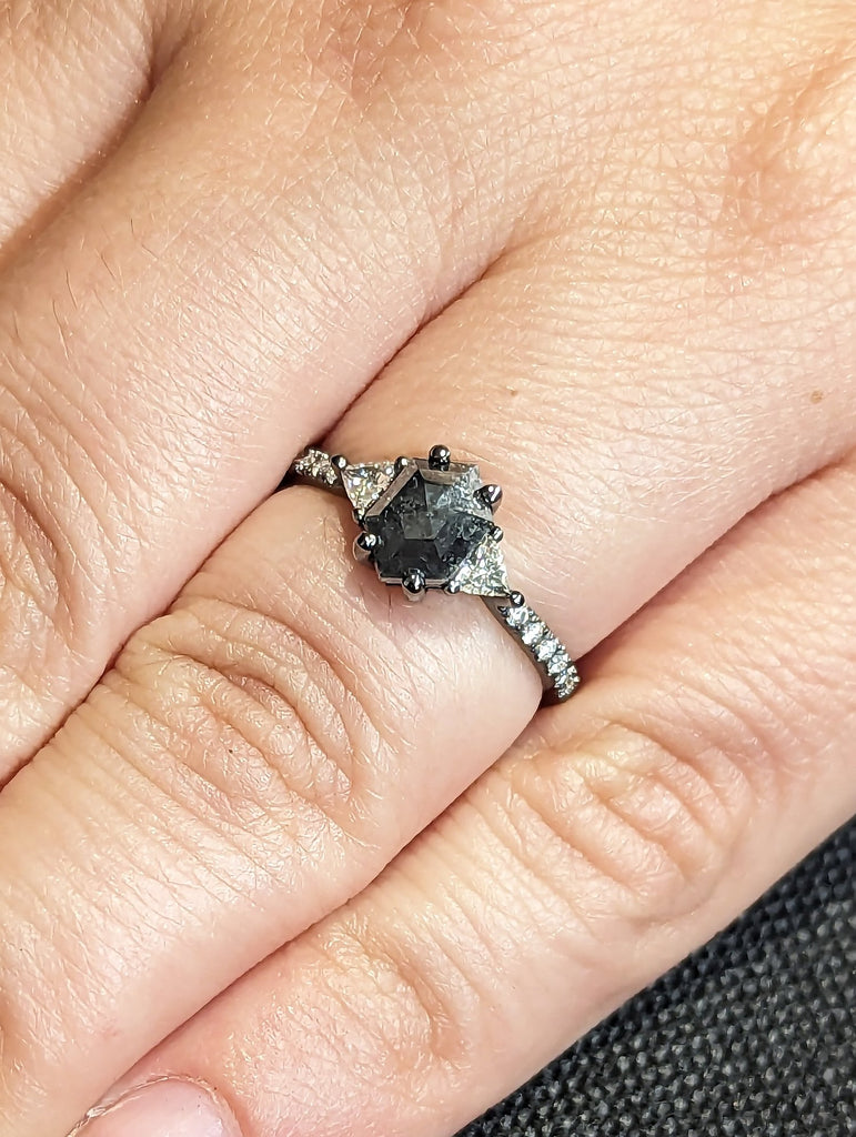 14k Black Gold, 1ct Galaxy Hexagon Triangle Diamond, Raw Salt and Pepper, Unique Handmade Engagement Ring, Rose Cut Geometric Promise Ring