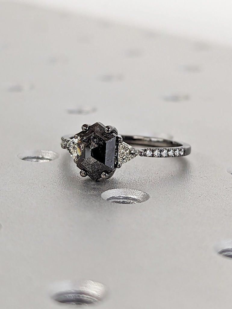 1.75ct Raw Hexagon Triangle Diamond, Salt and Pepper, Unique Engagement Ring, Rose Cut Geometric Ring, 14k Black Gold, Custom Handmade