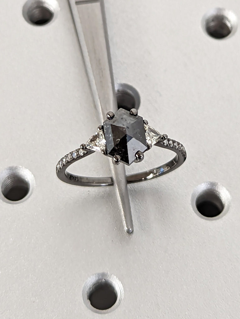 1.75ct Raw Hexagon Triangle Diamond, Salt and Pepper, Unique Engagement Ring, Rose Cut Geometric Ring, 14k Black Gold, Custom Handmade