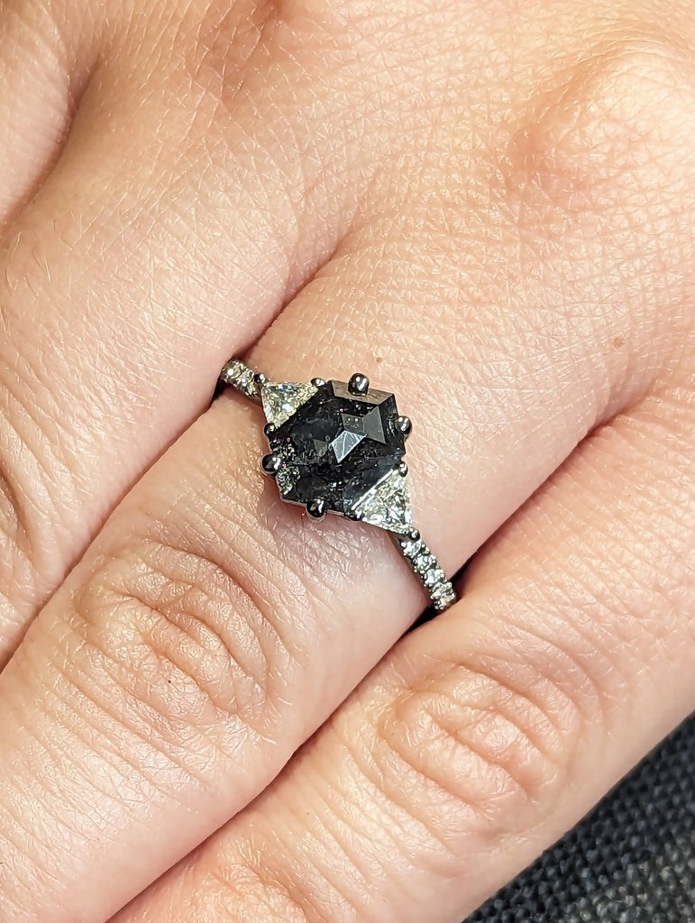 1.75ct Raw Hexagon Triangle Diamond, Salt and Pepper, Unique Engagement Ring, Rose Cut Geometric Ring, 14k Black Gold, Custom Handmade