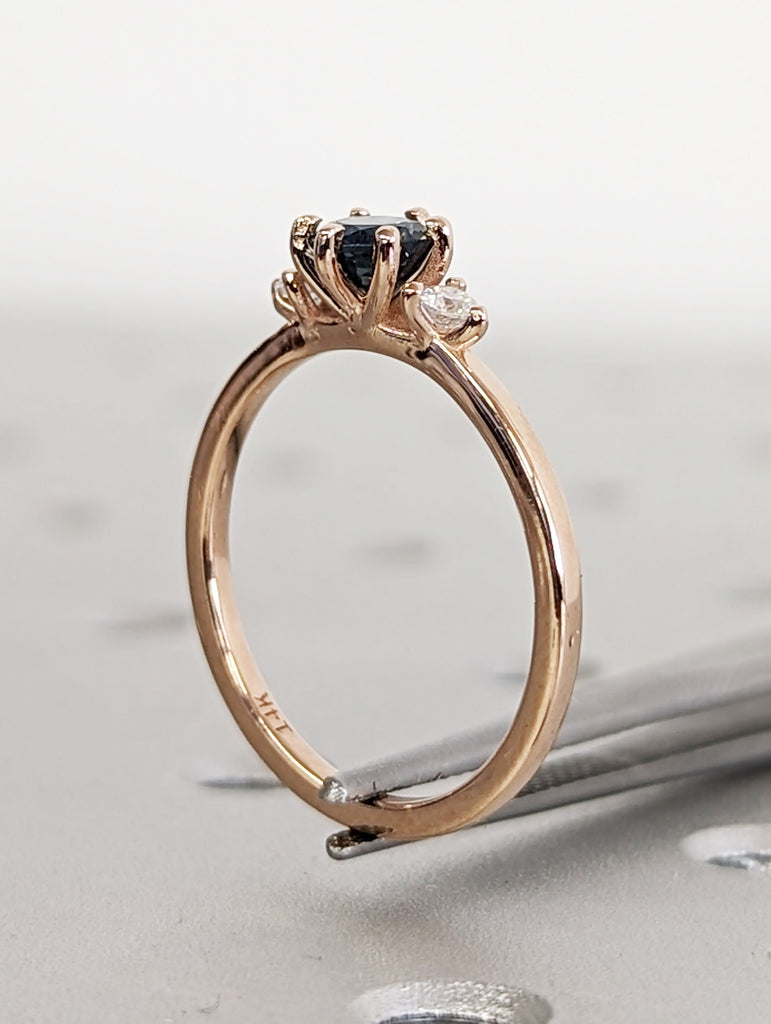 14K Rose Gold Peacock Sapphire Statement Ring, Round Cut Engagement Dainty Sapphire Gemstone Ring, Art Deco Ring, Anniversary Gift