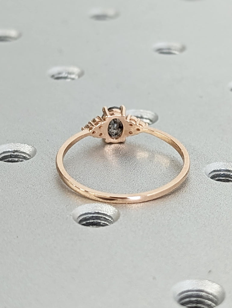 14K Rose Gold Vintage Salt and Pepper Diamond Engagement Ring Diamond Cluster Oval Ring Wedding Bridal Anniversary Promise Ring