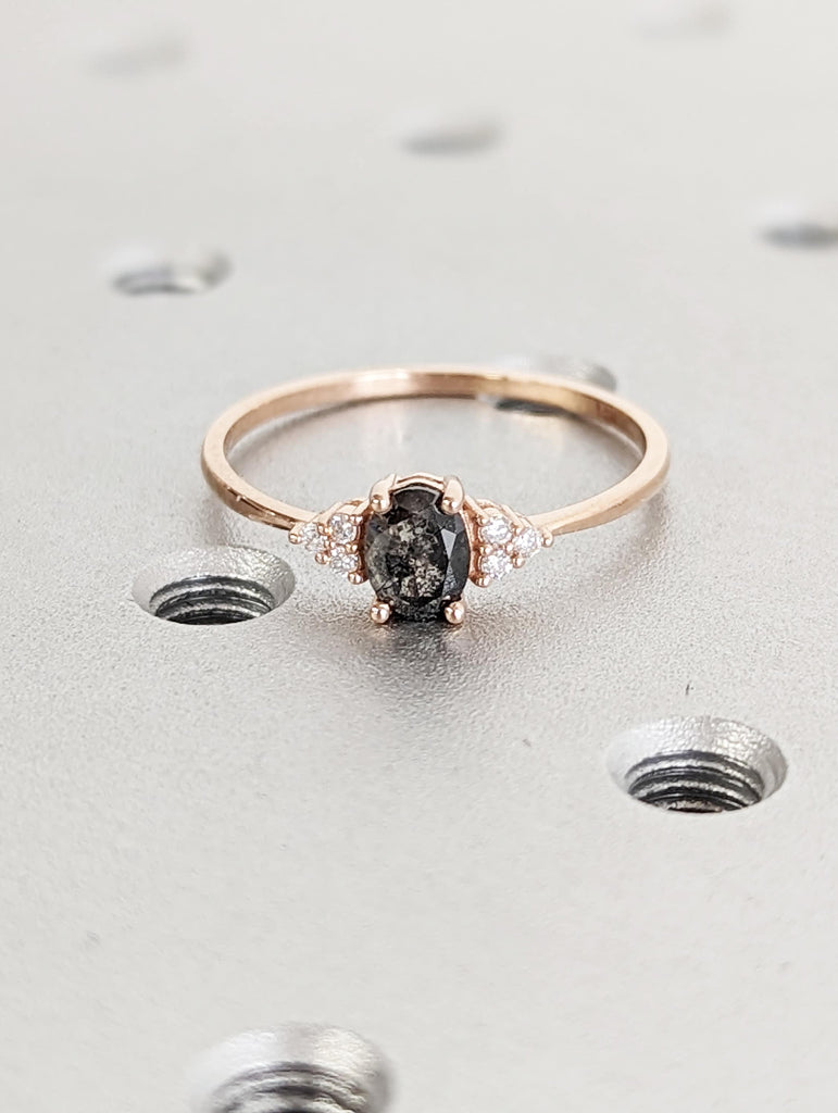 14K Rose Gold Oval Salt and Pepper Diamond Vintage Engagement Ring | Diamond Cluster Ring | Wedding Bridal Anniversary | Promise Ring