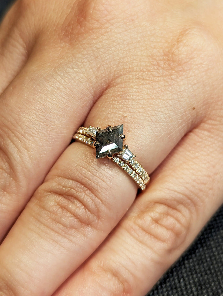 Galaxy Raw Salt and Pepper Diamond Ring- Kite Cut Diamond Engagement Ring Sets- Unique Bridal Geometric Diamond Promise Ring- 14K Rose Gold