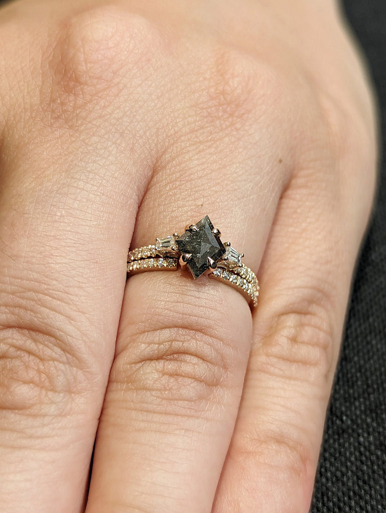 Galaxy Raw Salt and Pepper Diamond Ring- Kite Cut Diamond Engagement Ring Sets- Unique Bridal Geometric Diamond Promise Ring- 14K Rose Gold