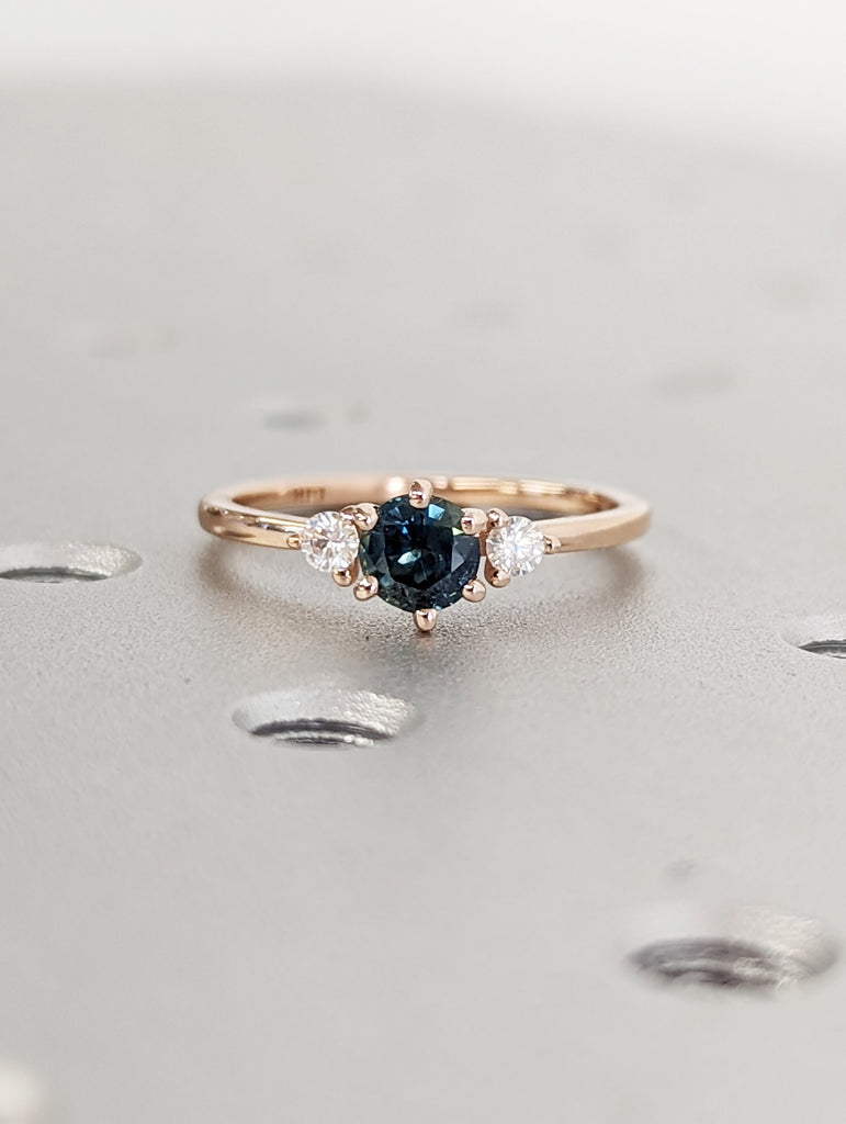 14K Rose Gold Peacock Sapphire Statement Ring, Round Cut Engagement Dainty Sapphire Gemstone Ring, Art Deco Ring, Anniversary Gift