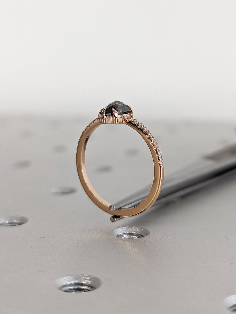 0.5 Carat 1920's Raw Salt and Pepper Diamond, Pear Diamond Ring, Unique Engagement Bridal, Black, Gray Pear 18k Yellow Rose White Black Gold
