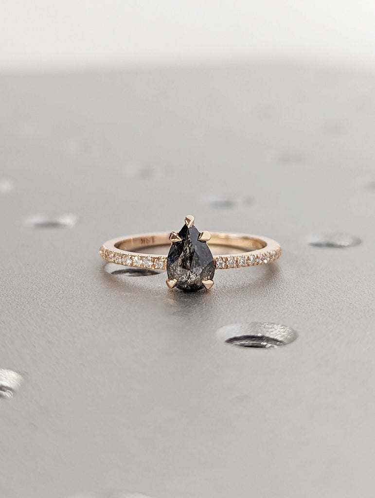 0.5 Carat 1920's Raw Salt and Pepper Diamond, Pear Diamond Ring, Unique Engagement Bridal, Black, Gray Pear 18k Yellow Rose White Black Gold