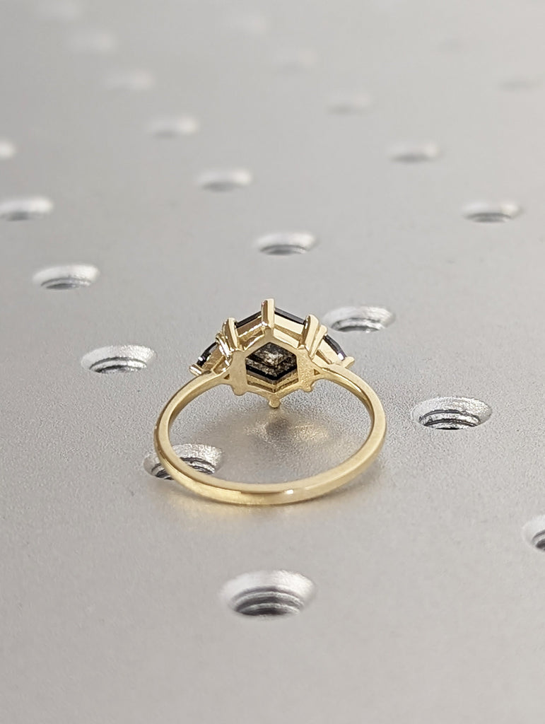 14K Yellow Gold, 2ct Unique Hexagon Cut Salt and Pepper Engagement Ring For Women | Vintage Natural Three Gemstone Bridal Ring | Art Deco