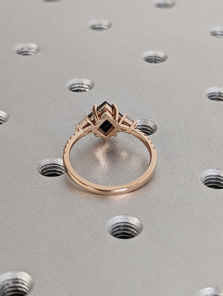 Galaxy Raw Salt and Pepper Diamond Ring- Kite Cut Diamond Engagement Ring Sets- Unique Bridal Geometric Diamond Promise Ring 14K Rose Gold