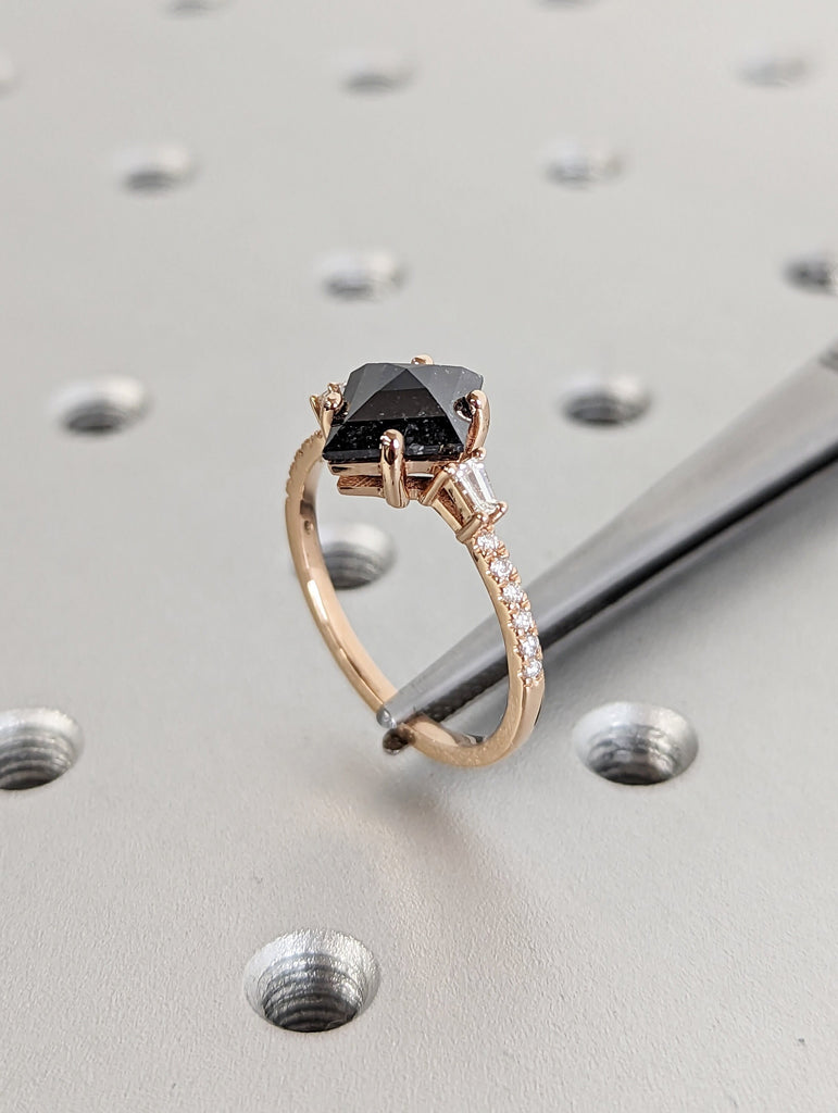 Galaxy Raw Salt and Pepper Diamond Ring- Kite Cut Diamond Engagement Ring Sets- Unique Bridal Geometric Diamond Promise Ring 14K Rose Gold