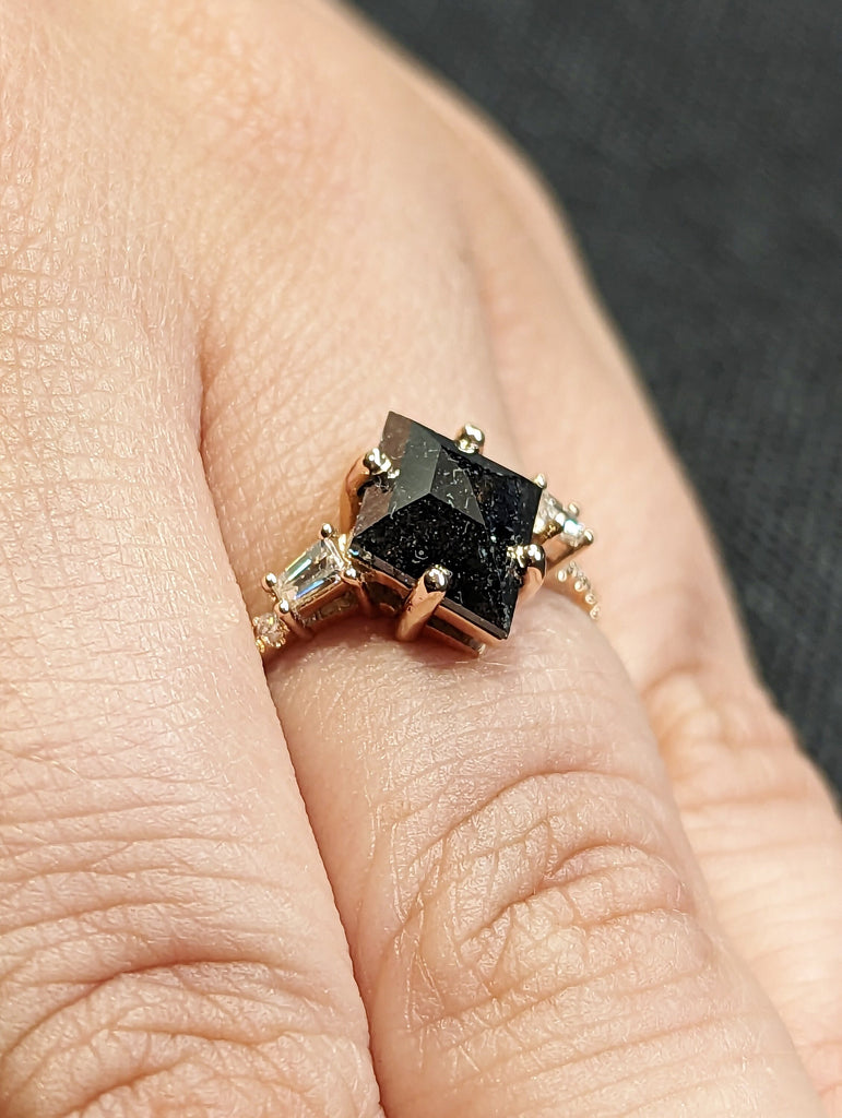 Galaxy Raw Salt and Pepper Diamond Ring- Kite Cut Diamond Engagement Ring Sets- Unique Bridal Geometric Diamond Promise Ring 14K Rose Gold