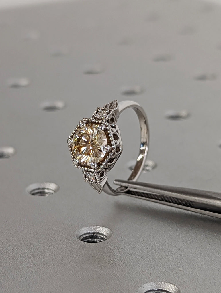 Vintage yellow moissanite engagement ring 14k white gold diamond Art deco wedding ring Vintage Filigree Ring engagement anniversary promise
