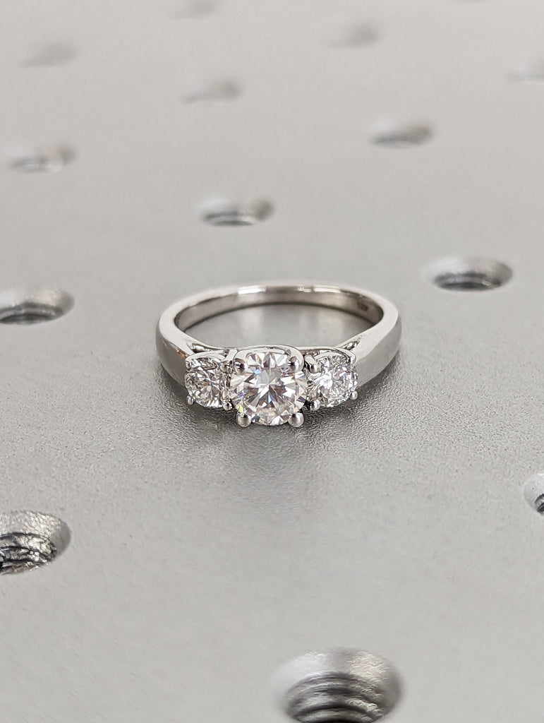 0.5ct Round Moissanite 14K White Gold Three Stone Ring | Classic Wedding Anniversary Engagement Diamond Band | Minimalist Proposal Ring