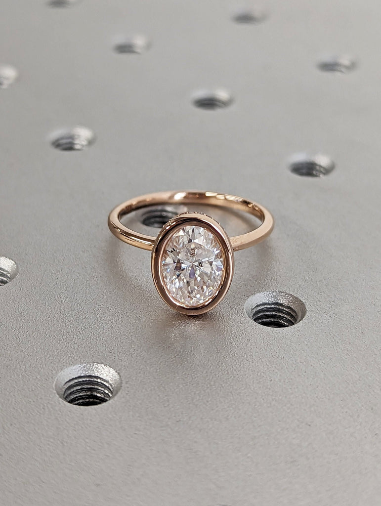 3CT Excellent Oval Cut Moissanite Ring / Bezel Setting Solitaire Ring / 14K Rose Gold Wedding Bezel Ring / Engagement Ring For Her / Vintage