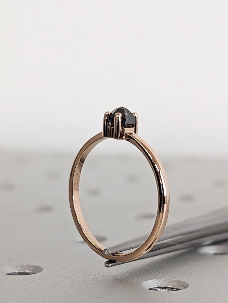 14K Rose Gold, 0.3ct Natural Hexagon Salt and Pepper Diamond Engagement Ring | Vintage Bridal Jewelry | Custom Rose Cut Solitaire Ring