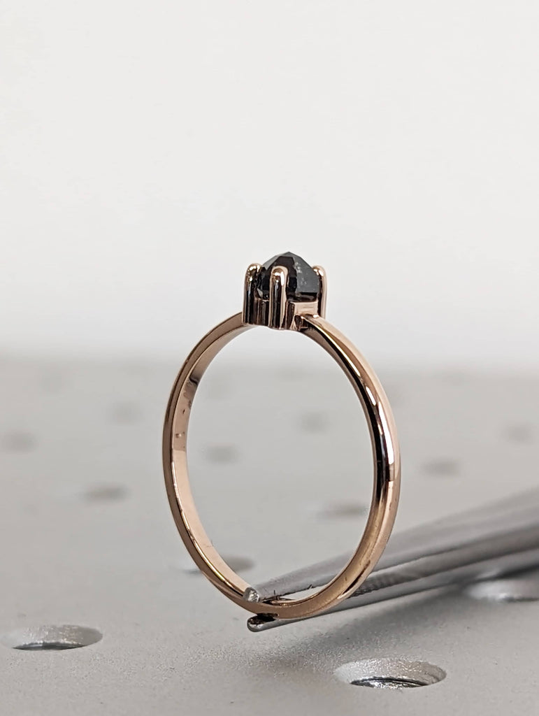 0.3ct Natural Hexagon Salt and Pepper Diamond, 14K Rose Gold Vintage Engagement Ring | Custom Bridal Jewelry | Rose Cut Solitaire Ring