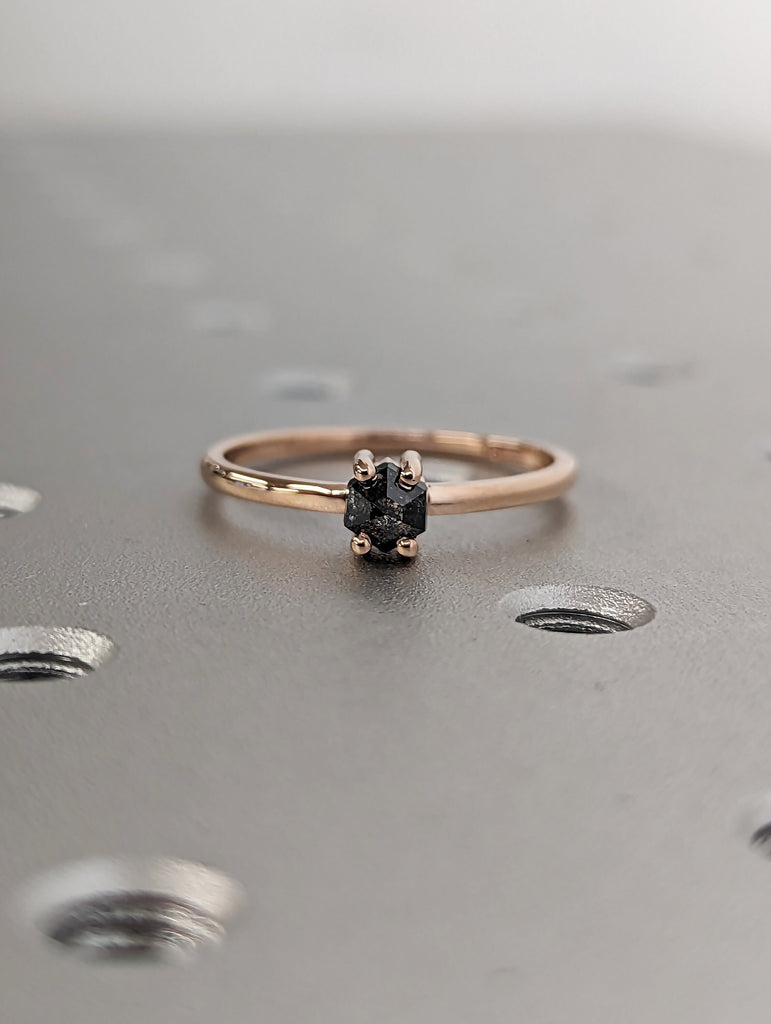 14K Rose Gold, 0.3ct Natural Hexagon Salt and Pepper Diamond Engagement Ring | Vintage Bridal Jewelry | Custom Rose Cut Solitaire Ring