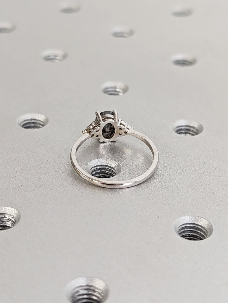 18K White Gold Oval Salt and Pepper Diamond Vintage Engagement Ring | Diamond Cluster Ring | Wedding Bridal Anniversary | Promise Ring