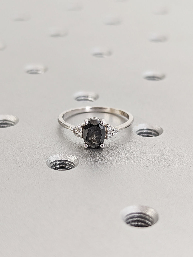 18K White Gold Oval Salt and Pepper Diamond Vintage Engagement Ring | Diamond Cluster Ring | Wedding Bridal Anniversary | Promise Ring